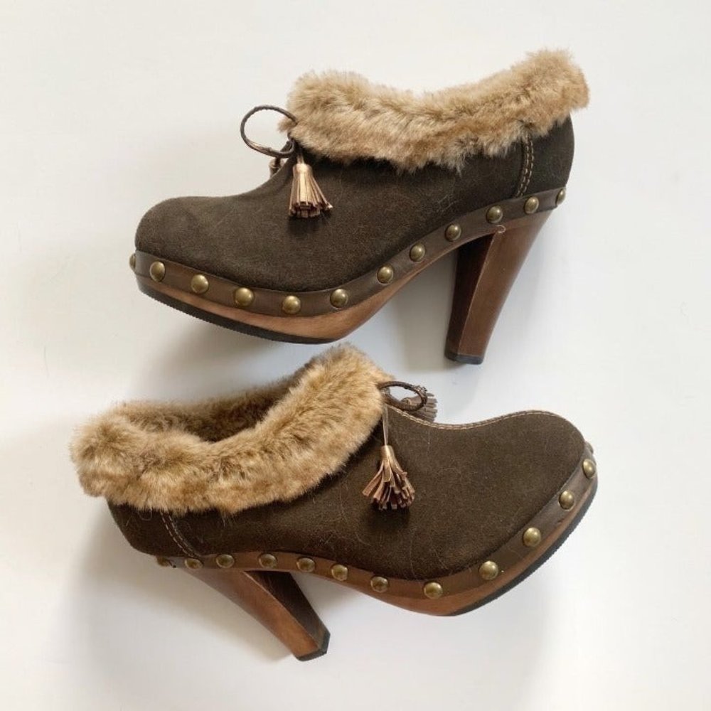 Colin Stuart chunky brown suede faux fur trimmed booties boots size 5-5.5